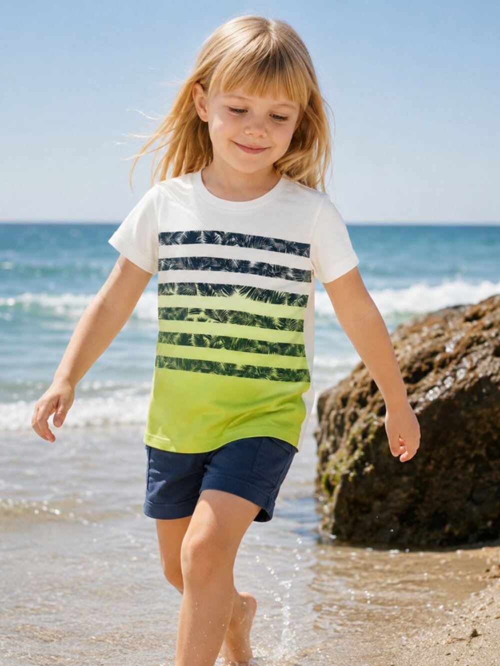 NWT Lands End Kids Tee Shirt Bright Chartreuse Green Stripe Sz L 7 Boy or Girl